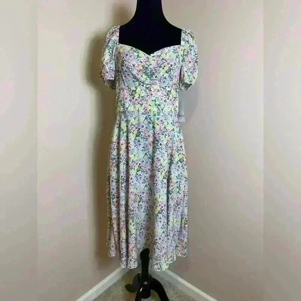 NWT Maison Tara Puff Sleeve Midi Dress Blue Floral Cottage Core Size 10